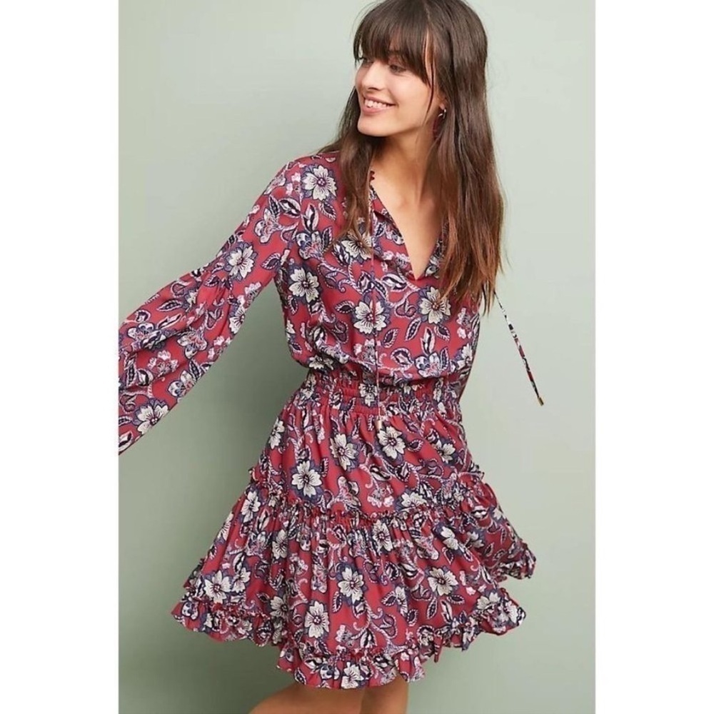 Shoshanna Moravia Floral Long Sleeve Dress Red  Sz 2 Boho Cottagecore Western
